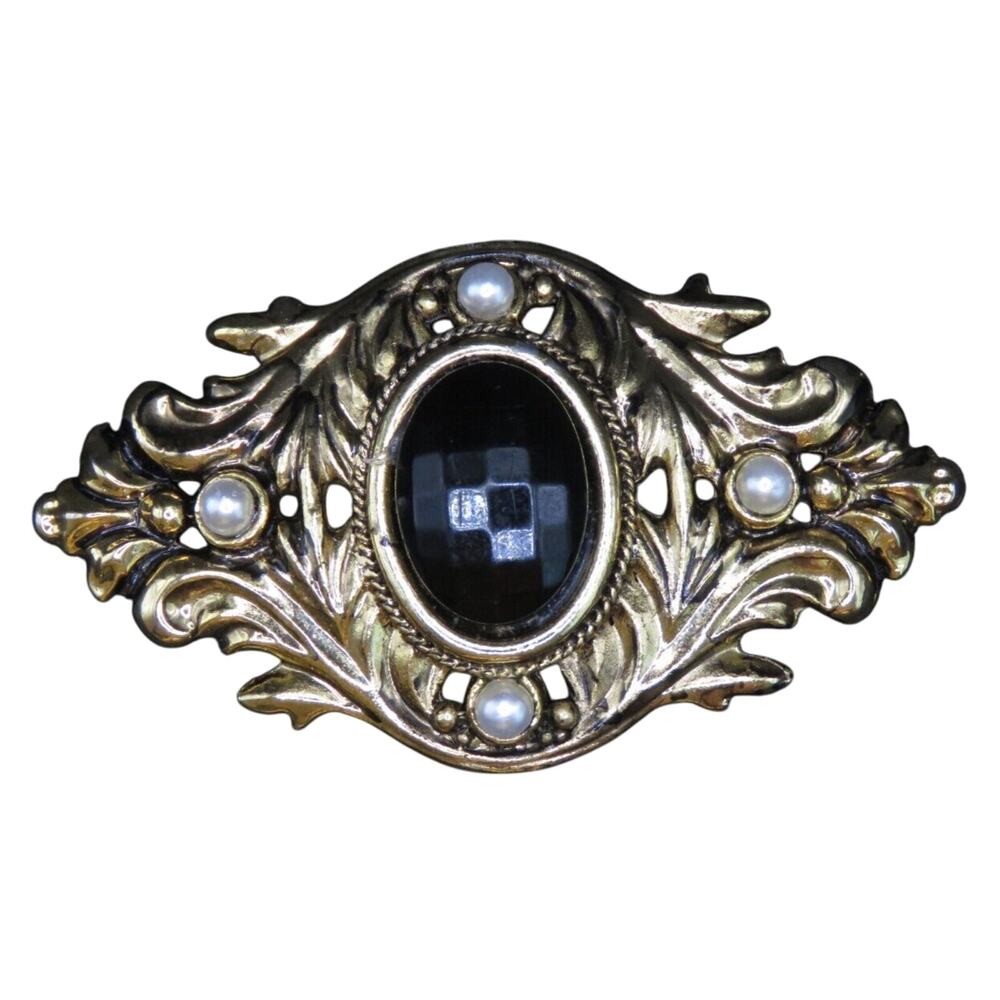 Brooch Pin Black Stone Faux Pearls Gold Tone Oval Shape Beautiful Vintage Retro